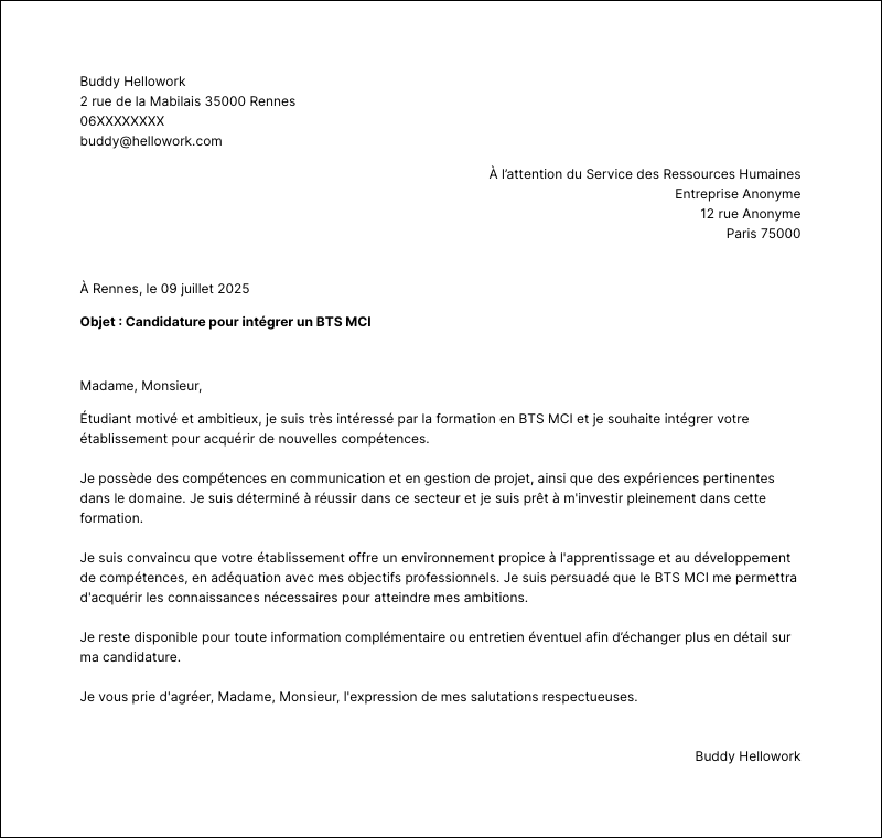 Exemple lettre de motivation BTS MCI