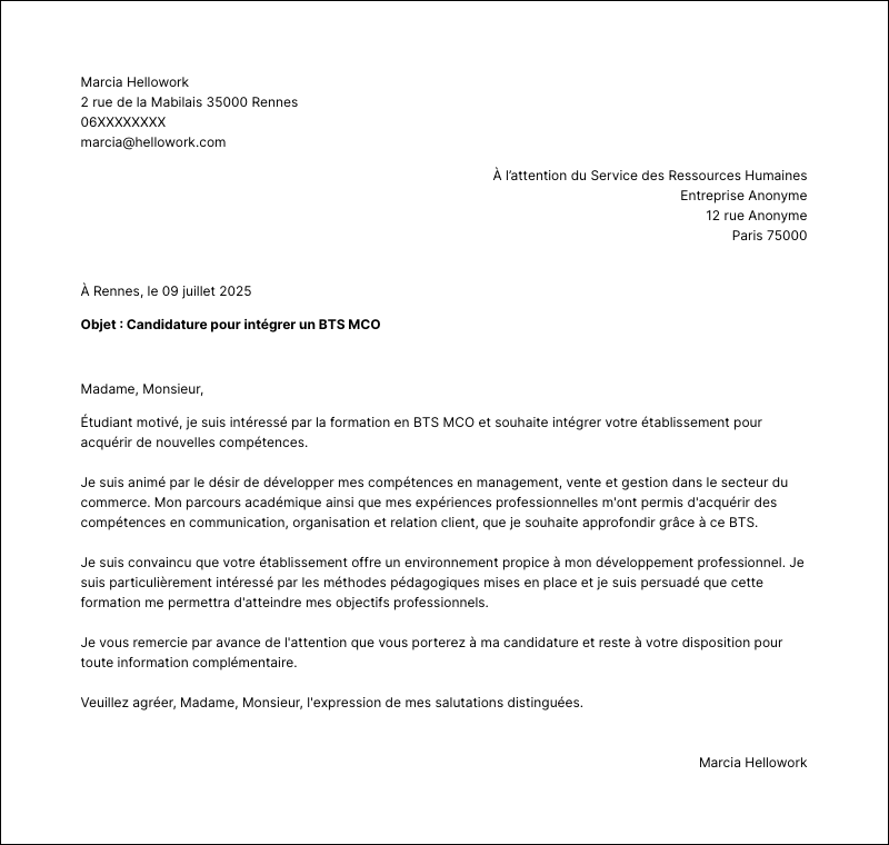 Modèle lettre de motivation BTS MCO Exemple lettre de motivation BTS MCO