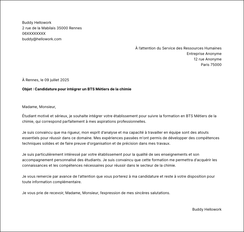 Modèle lettre de motivation BTS Métiers de la chimie Exemple lettre de motivation BTS Métiers de la chimie