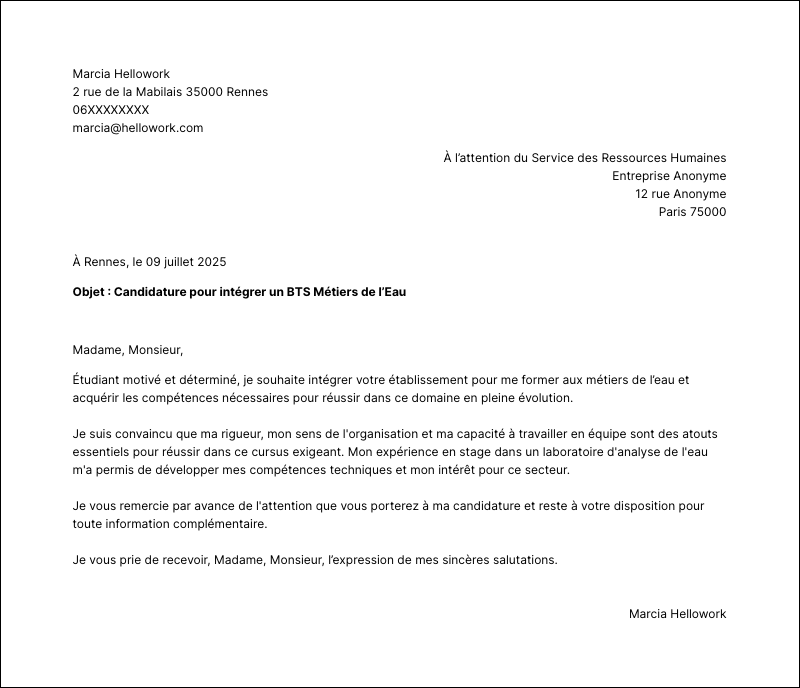 Exemple lettre de motivation BTS Métiers de l’Eau