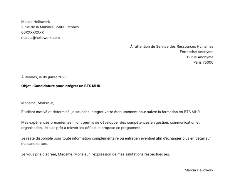 Modèle lettre de motivation BTS MHR Exemple lettre de motivation BTS MHR