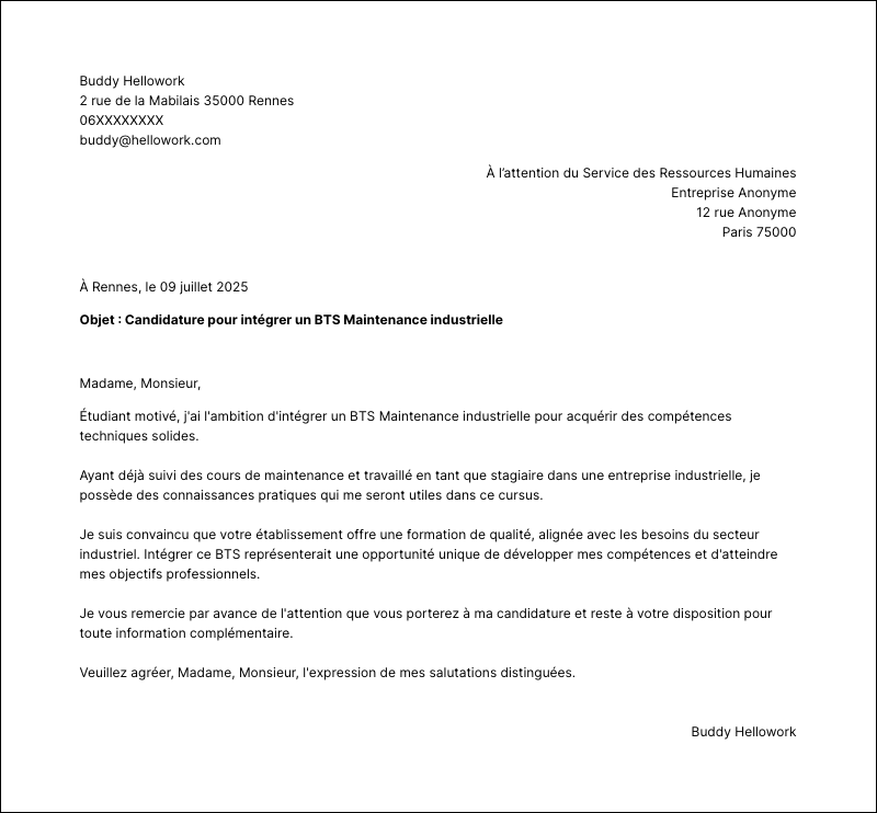 Exemple lettre de motivation BTS Maintenance industrielle