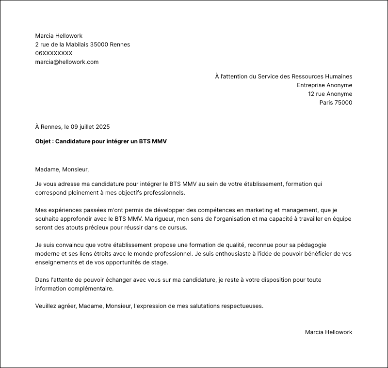 Exemple lettre de motivation BTS MMV