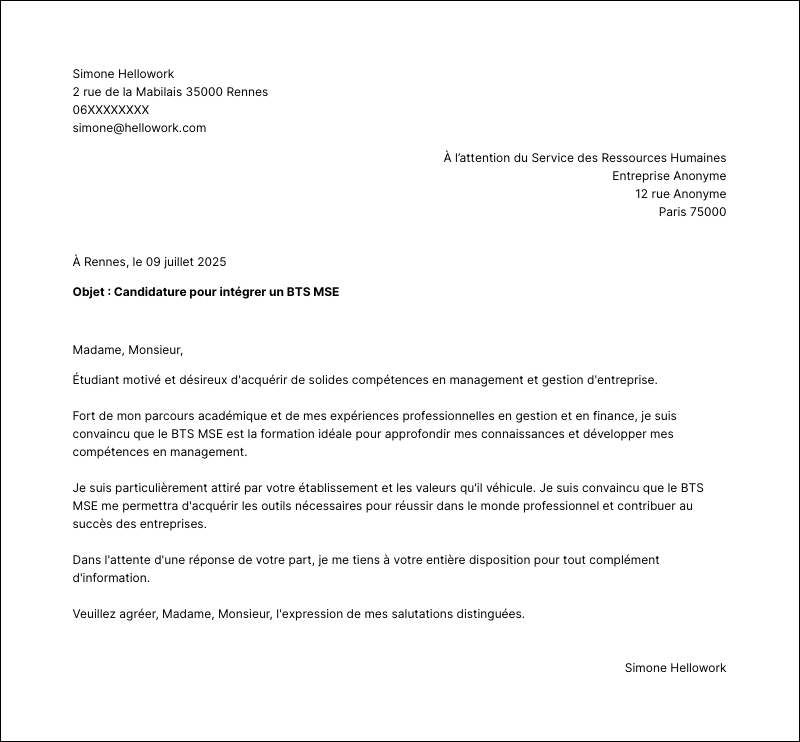 Exemple lettre de motivation BTS MSE