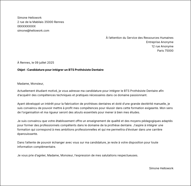 Modèle lettre de motivation BTS Prothésiste Dentaire Exemple lettre de motivation BTS Prothésiste Dentaire