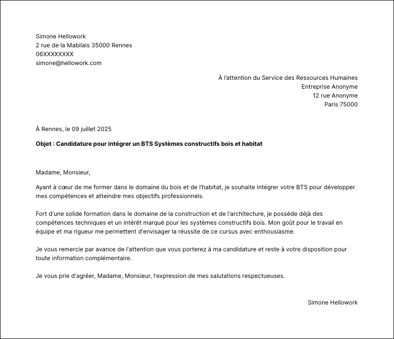 Exemple lettre de motivation BTS Systèmes constructifs bois et habitat