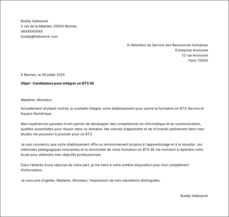 Modèle lettre de motivation BTS SE Exemple lettre de motivation BTS SE