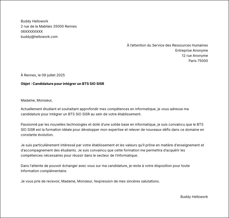 Exemple lettre de motivation BTS SIO SISR