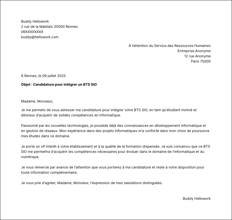Modèle lettre de motivation BTS SIO Exemple lettre de motivation BTS SIO