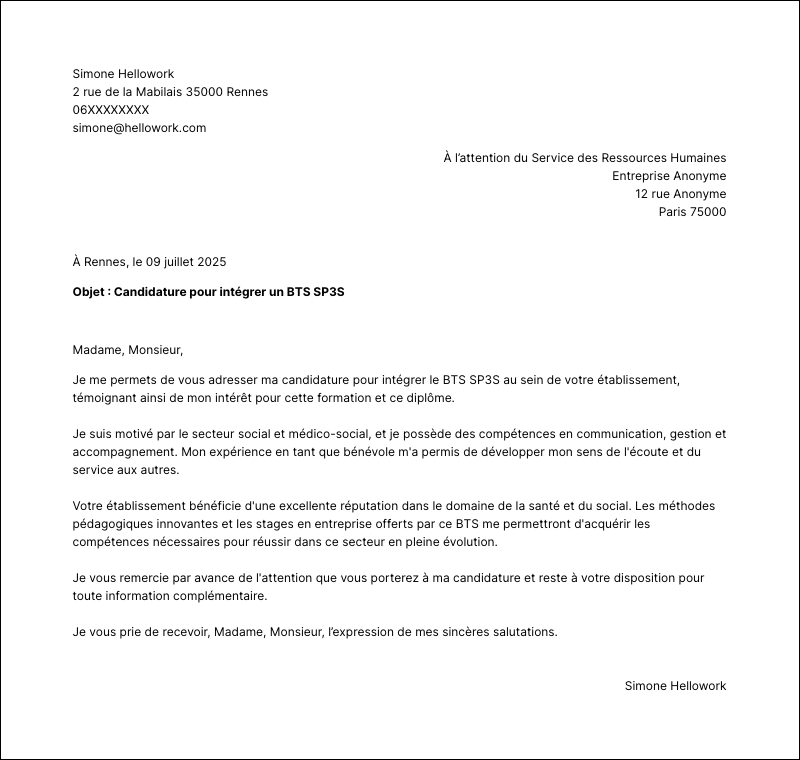 Exemple lettre de motivation BTS SP3S