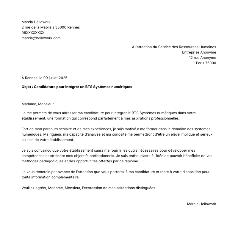 Modèle lettre de motivation BTS Systèmes numériques Exemple lettre de motivation BTS Systèmes numériques