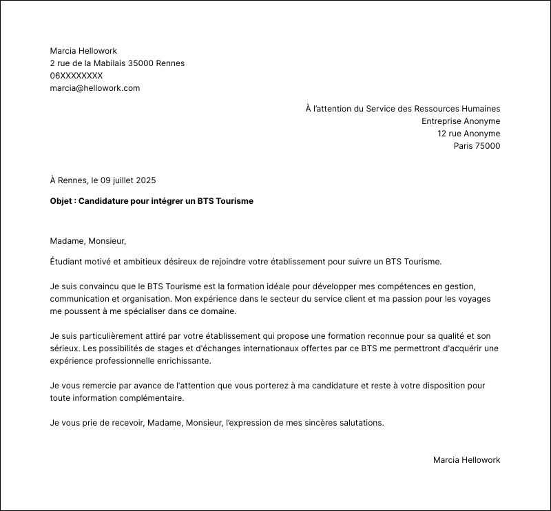Exemple lettre de motivation BTS Tourisme