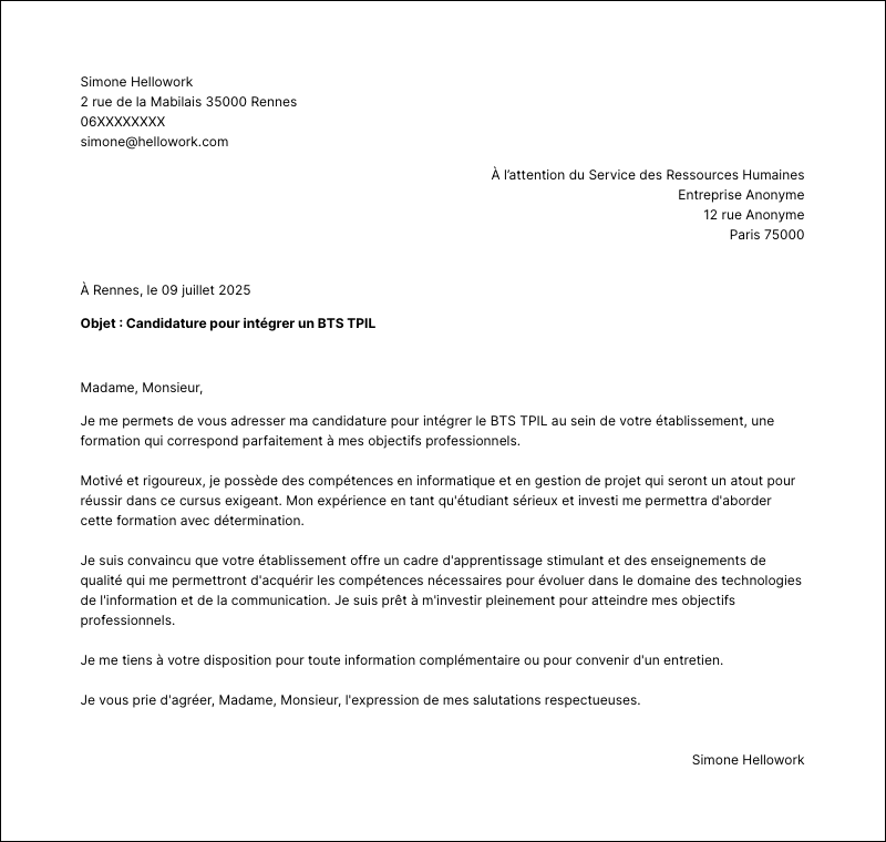 Exemple lettre de motivation BTS TPIL