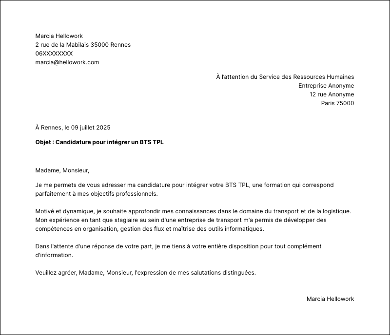 Exemple lettre de motivation BTS TPL