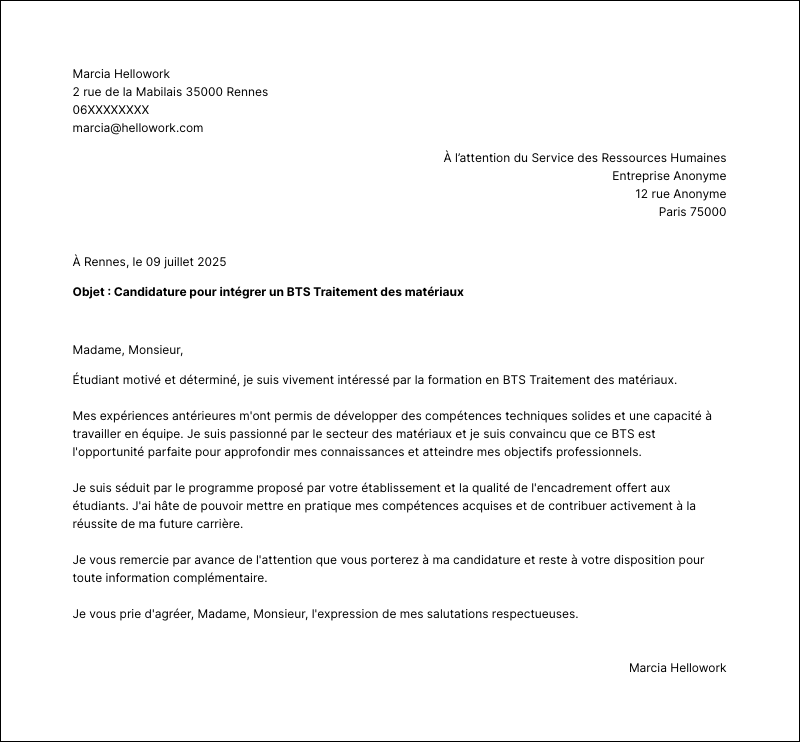 Exemple lettre de motivation BTS Traitement des matériaux