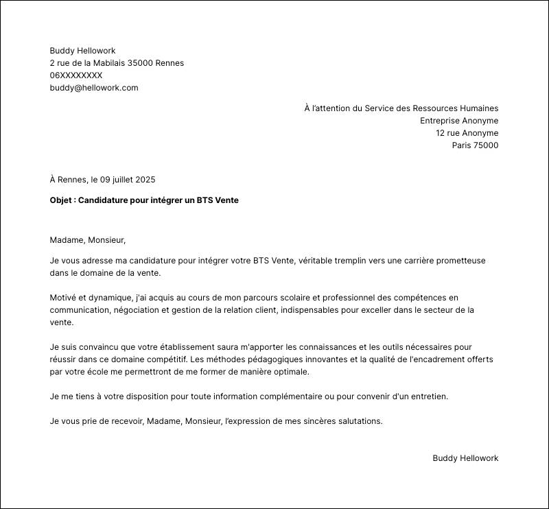 Modèle lettre de motivation BTS Vente Exemple lettre de motivation BTS Vente