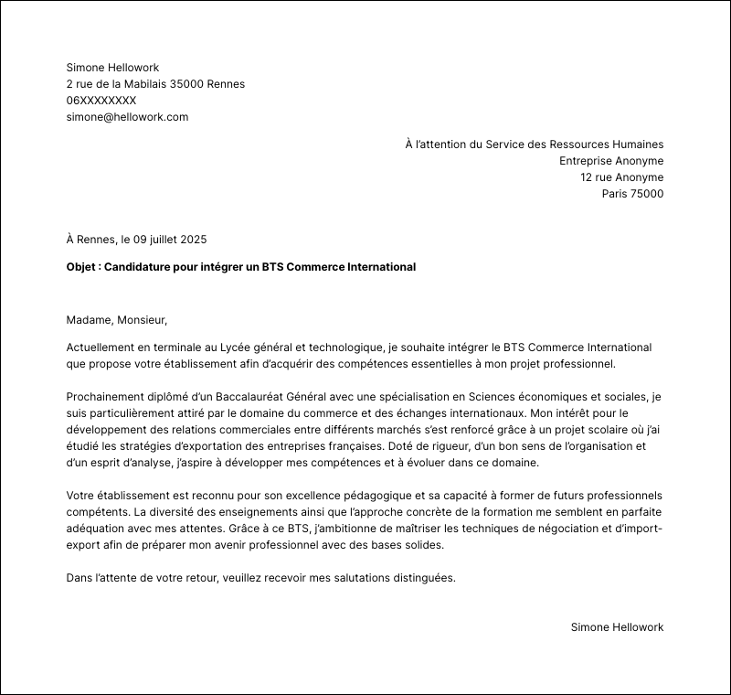 Modèle lettre de motivation BTS Exemple lettre de motivation BTS
