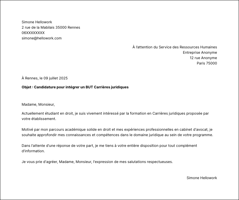 Modèle lettre de motivation BUT Carrières juridiques Exemple lettre de motivation BUT Carrières juridiques