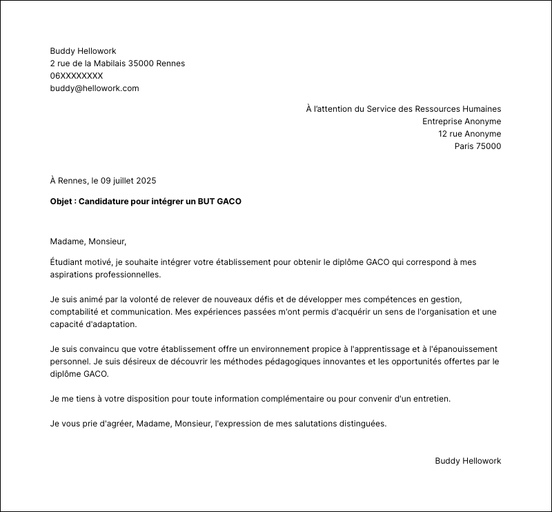 Modèle lettre de motivation BUT GACO Exemple lettre de motivation BUT GACO