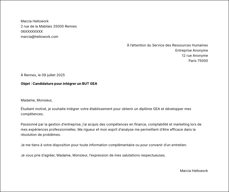 Modèle lettre de motivation BUT GEA Exemple lettre de motivation BUT GEA