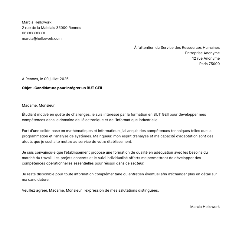 Modèle lettre de motivation BUT GEII Exemple lettre de motivation BUT GEII