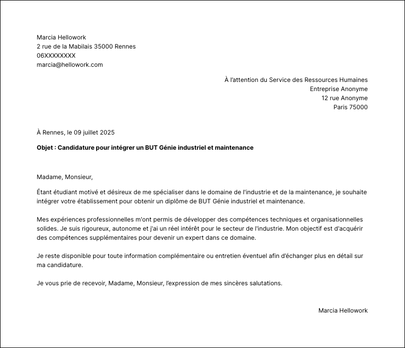 Exemple lettre de motivation BUT Génie industriel et maintenance