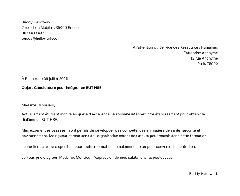 Modèle lettre de motivation BUT HSE Exemple lettre de motivation BUT HSE