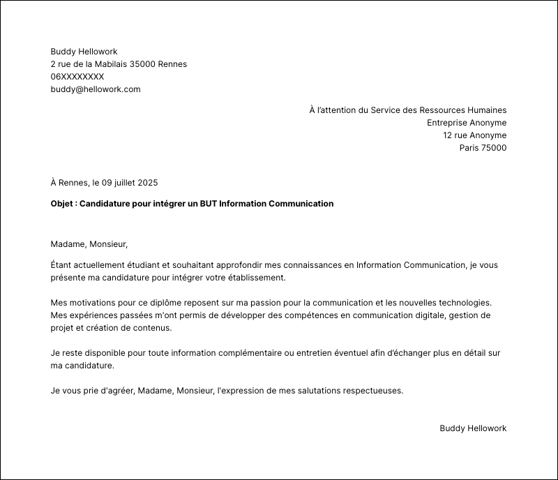 Modèle lettre de motivation BUT Information Communication Exemple lettre de motivation BUT Information Communication