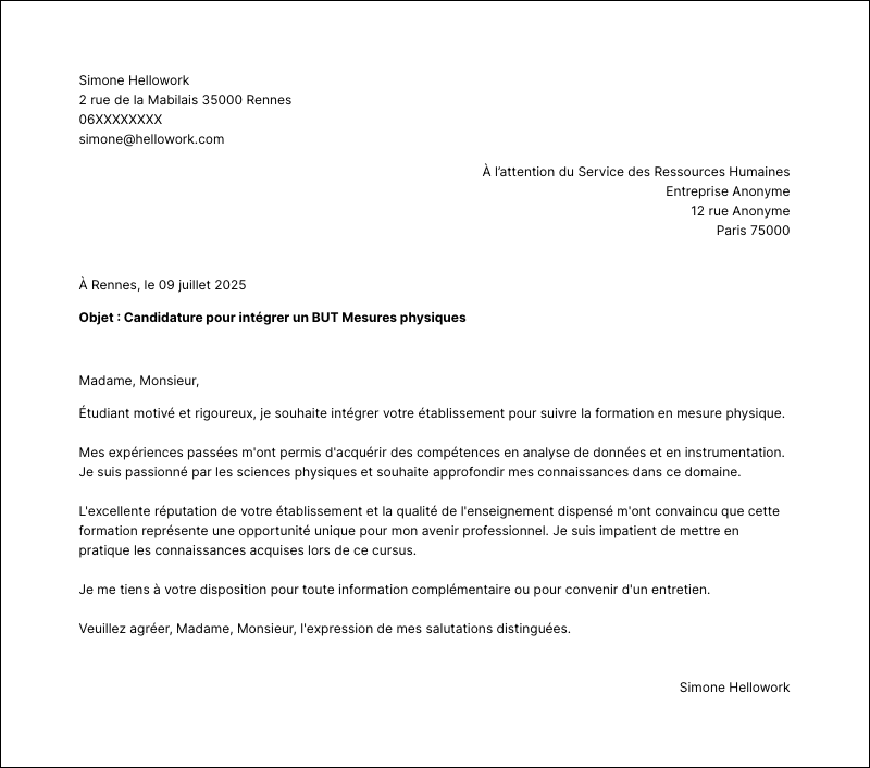 Modèle lettre de motivation BUT Mesures physiques Exemple lettre de motivation BUT Mesures physiques