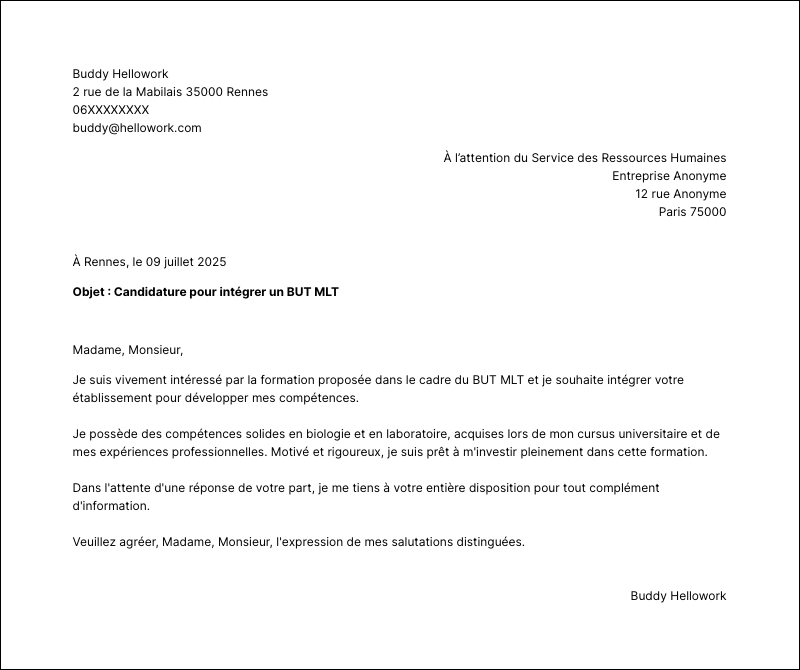 Exemple lettre de motivation BUT MLT