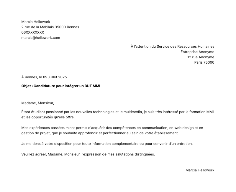 Modèle lettre de motivation BUT MMI Exemple lettre de motivation BUT MMI