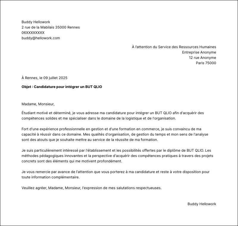 Modèle lettre de motivation BUT QLIO Exemple lettre de motivation BUT QLIO