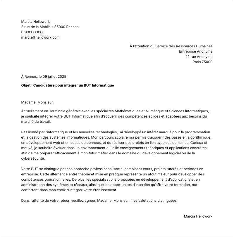 Modèle lettre de motivation BUT Exemple lettre de motivation BUT