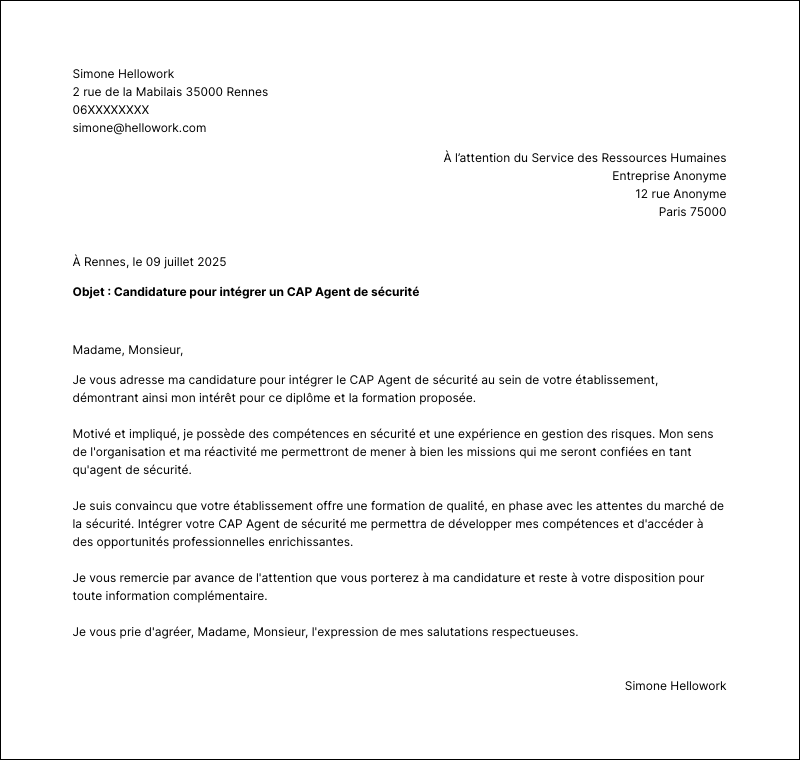 Modèle lettre de motivation CAP Agent de sécurité Exemple lettre de motivation CAP Agent de sécurité