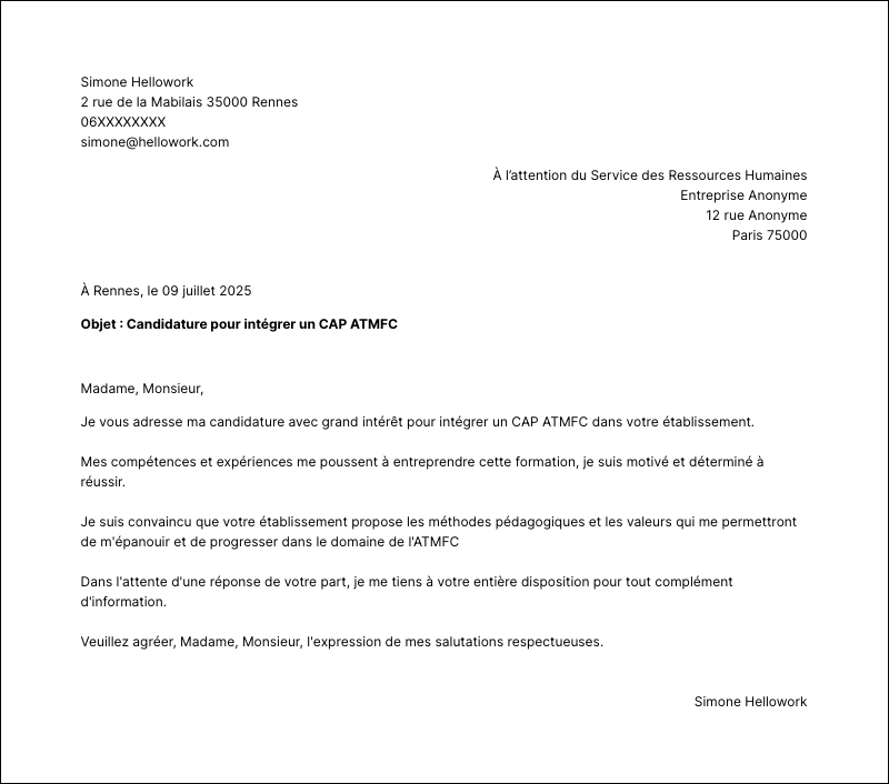 Modèle lettre de motivation CAP ATMFC Exemple lettre de motivation CAP ATMFC