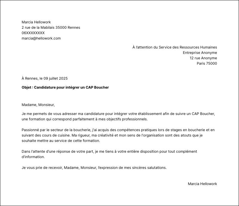 Exemple lettre de motivation CAP Boucher