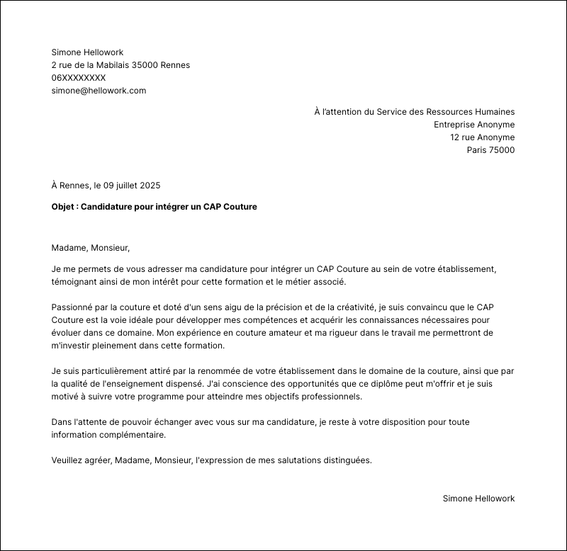 Modèle lettre de motivation CAP Couture Exemple lettre de motivation CAP Couture