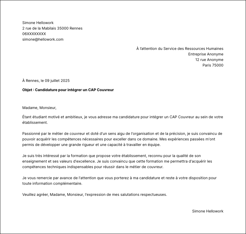 Modèle lettre de motivation CAP Couvreur Exemple lettre de motivation CAP Couvreur
