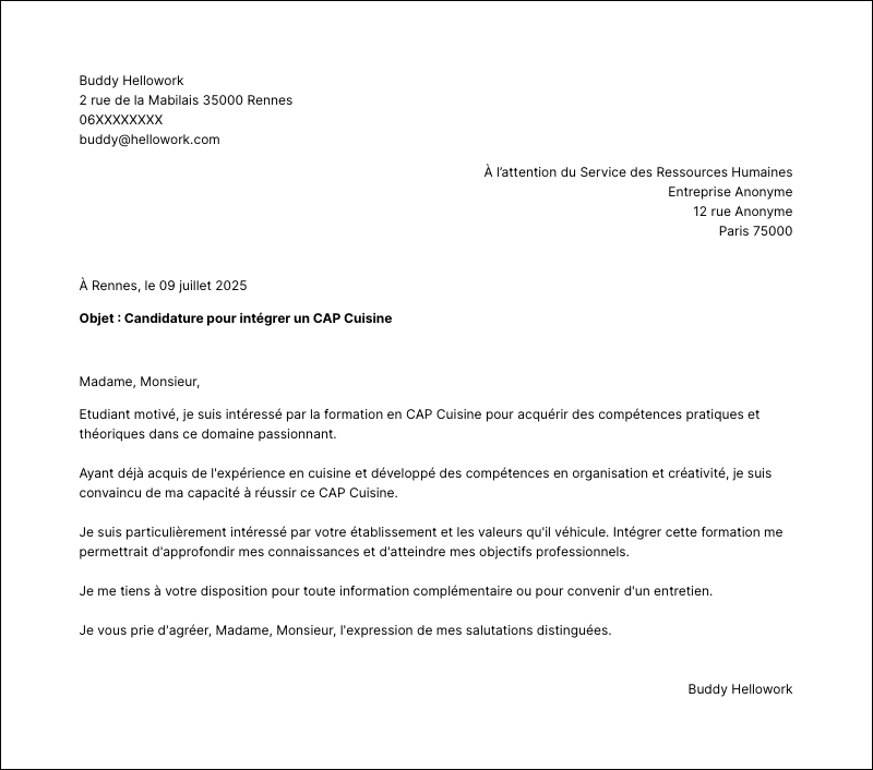 Modèle lettre de motivation CAP Cuisine Exemple lettre de motivation CAP Cuisine
