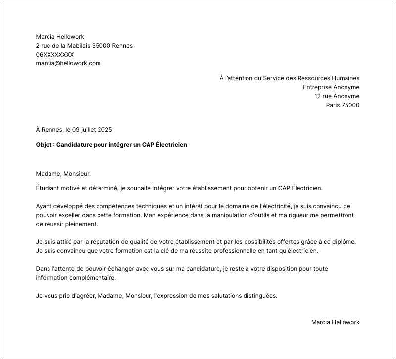Modèle lettre de motivation CAP Électricien Exemple lettre de motivation CAP Électricien
