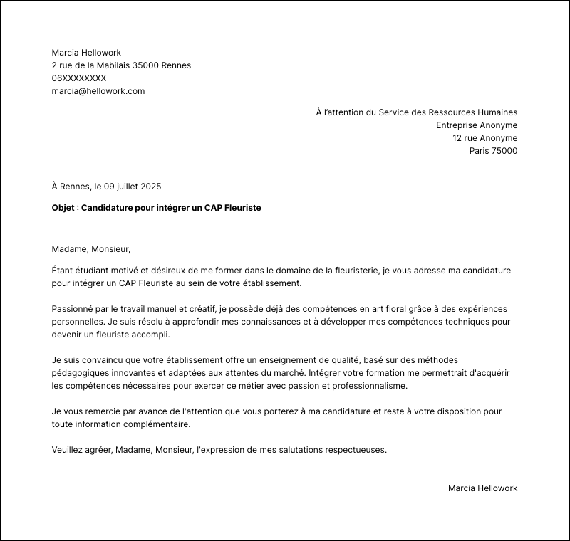 Modèle lettre de motivation CAP Fleuriste Exemple lettre de motivation CAP Fleuriste
