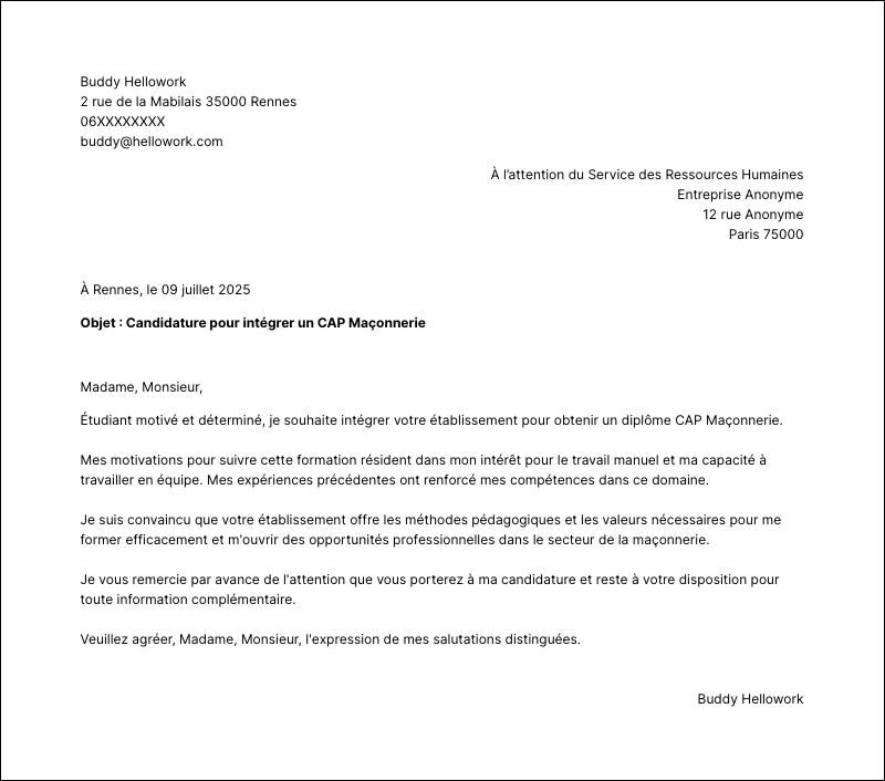 Exemple lettre de motivation CAP Maçonnerie
