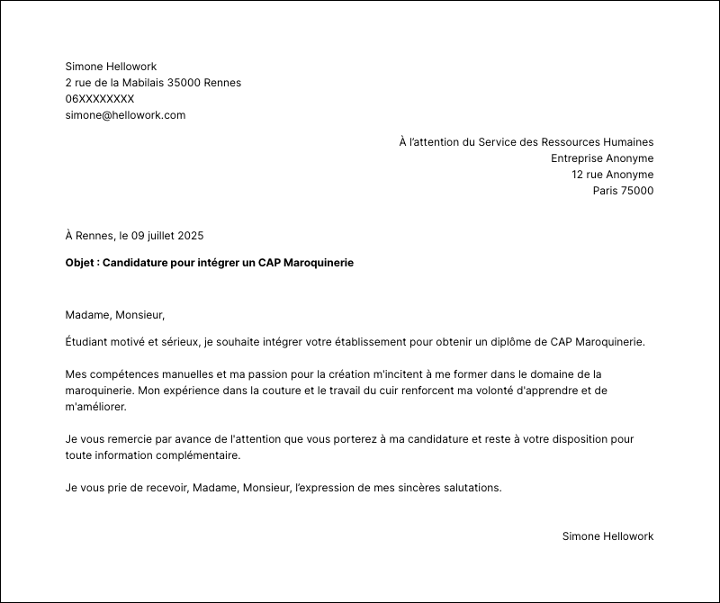 Modèle lettre de motivation CAP Maroquinerie Exemple lettre de motivation CAP Maroquinerie