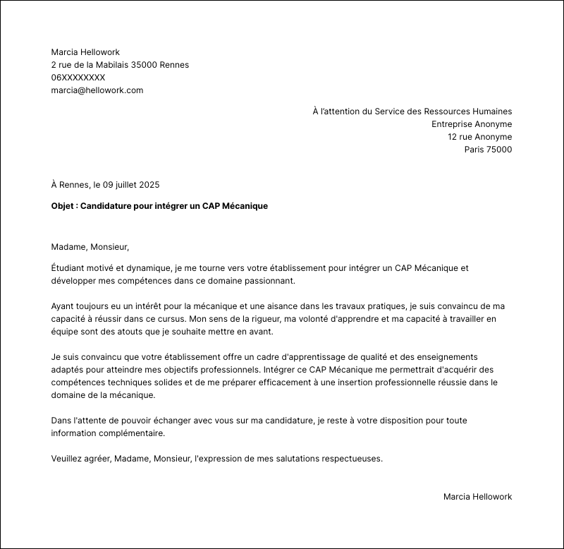 Exemple lettre de motivation CAP Mécanique