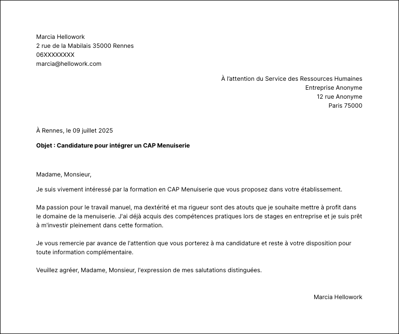 Exemple lettre de motivation CAP Menuiserie