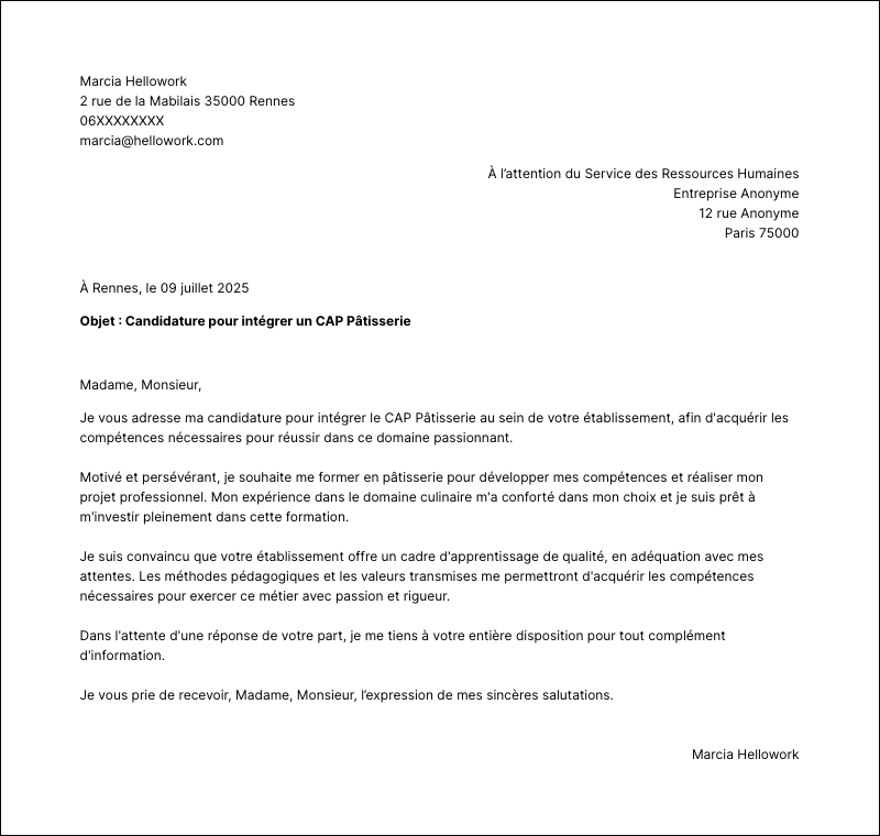 Modèle lettre de motivation CAP Pâtisserie Exemple lettre de motivation CAP Pâtisserie