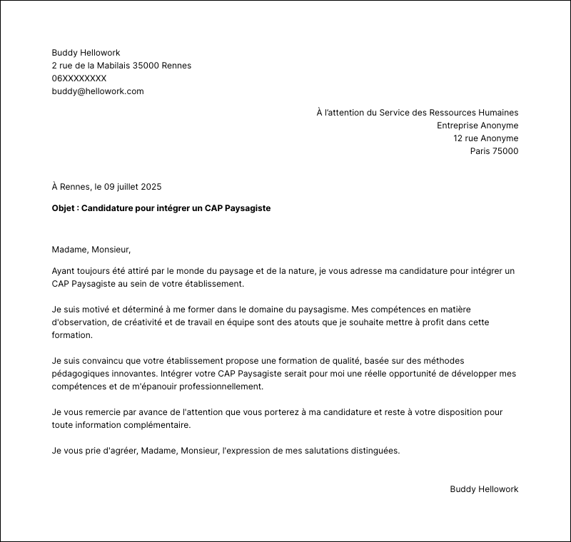Modèle lettre de motivation CAP Paysagiste Exemple lettre de motivation CAP Paysagiste