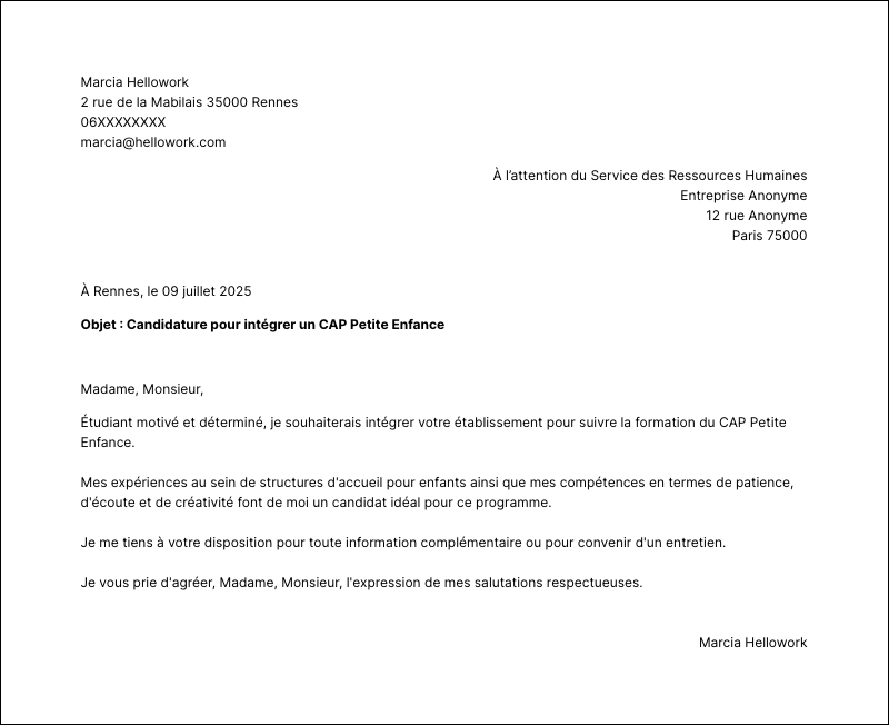 Exemple lettre de motivation CAP Petite enfance
