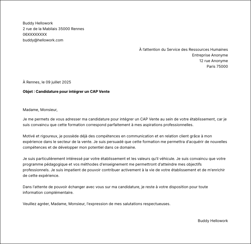 Modèle lettre de motivation CAP Vente Exemple lettre de motivation CAP Vente