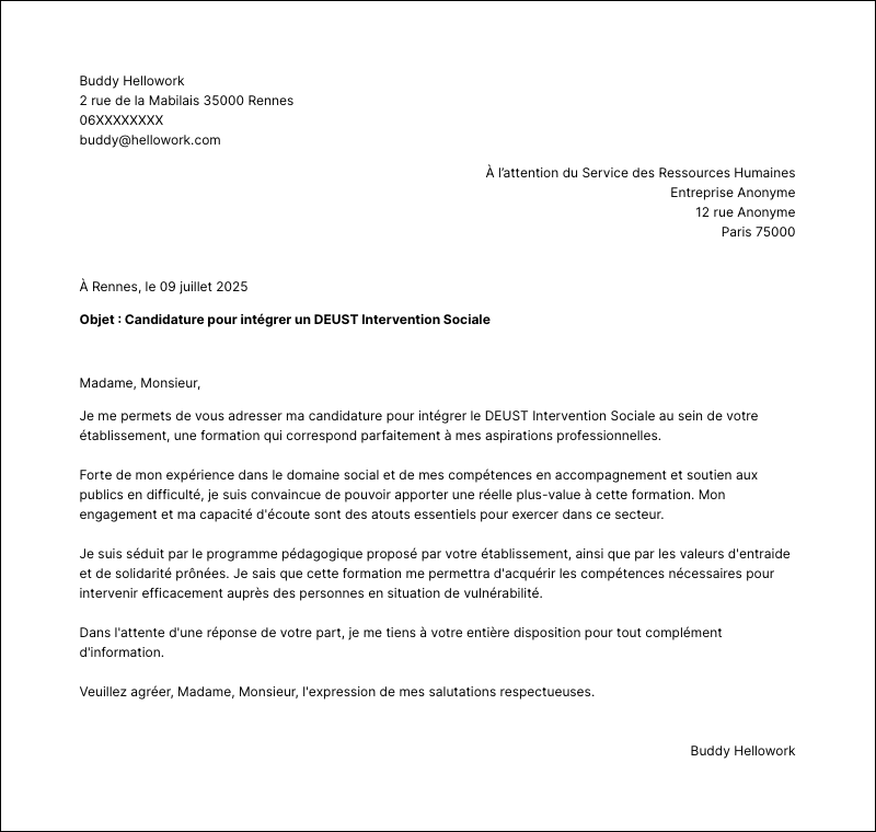 Modèle lettre de motivation DEUST Intervention Sociale Exemple lettre de motivation DEUST Intervention Sociale